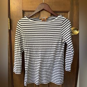 Tory Burch Boat Neck Blue and White Stripe Top Size Small. Missing Button